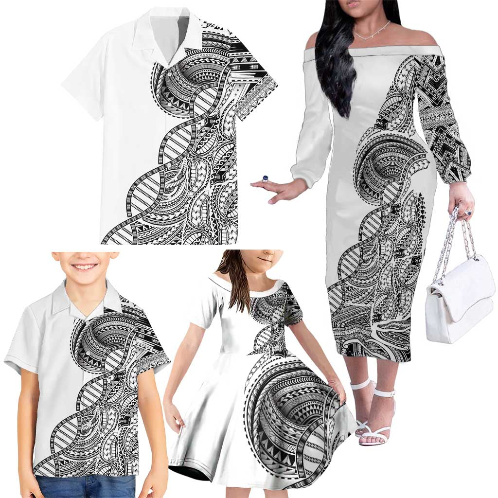 Samoan DNA Art Tattoo Family Matching Off The Shoulder Long Sleeve Dress and Hawaiian Shirt Polynesian Pattern White Color LT03 - Polynesian Pride