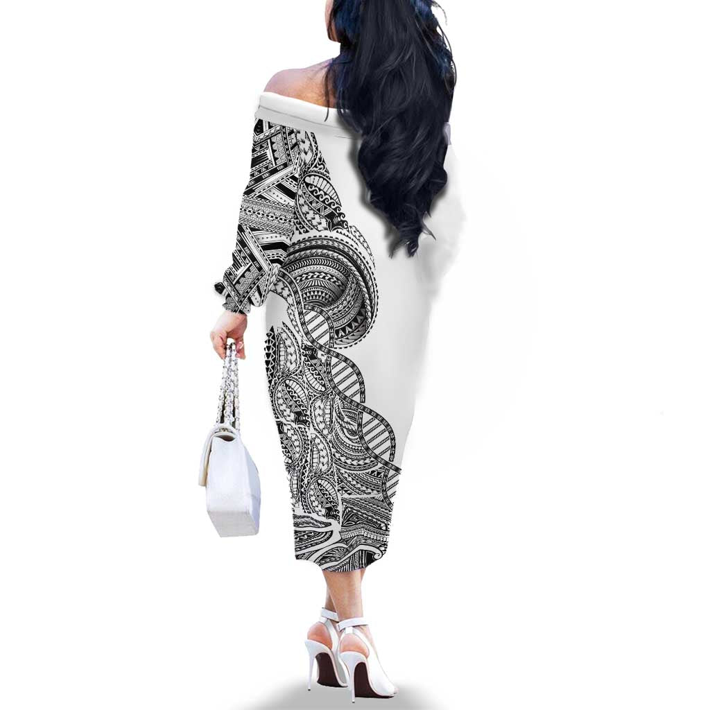 Samoan DNA Art Tattoo Family Matching Off The Shoulder Long Sleeve Dress and Hawaiian Shirt Polynesian Pattern White Color LT03 - Polynesian Pride