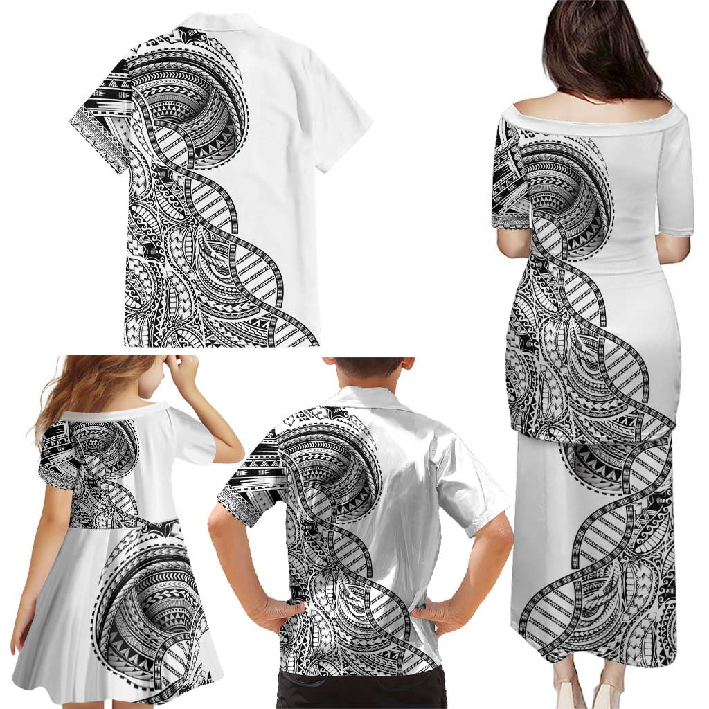 Samoan DNA Art Tattoo Family Matching Puletasi and Hawaiian Shirt Polynesian Pattern White Color