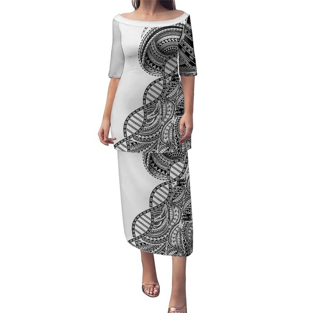 Samoan DNA Art Tattoo Family Matching Puletasi and Hawaiian Shirt Polynesian Pattern White Color