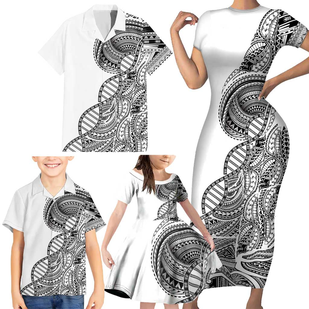 Samoan DNA Art Tattoo Family Matching Short Sleeve Bodycon Dress and Hawaiian Shirt Polynesian Pattern White Color LT03 - Polynesian Pride