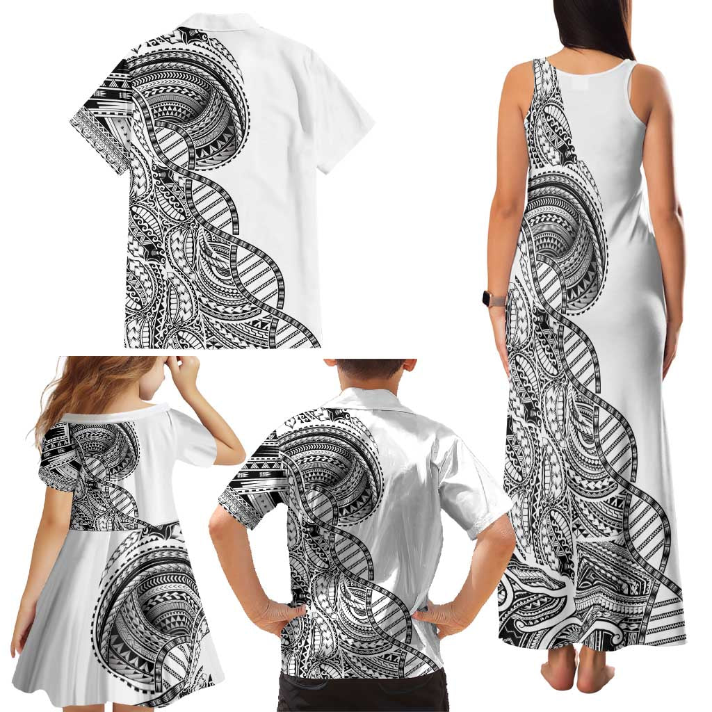 Samoan DNA Art Tattoo Family Matching Tank Maxi Dress and Hawaiian Shirt Polynesian Pattern White Color