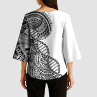 Samoan DNA Art Tattoo Kimono Sleeve Blouse Polynesian Pattern White Color