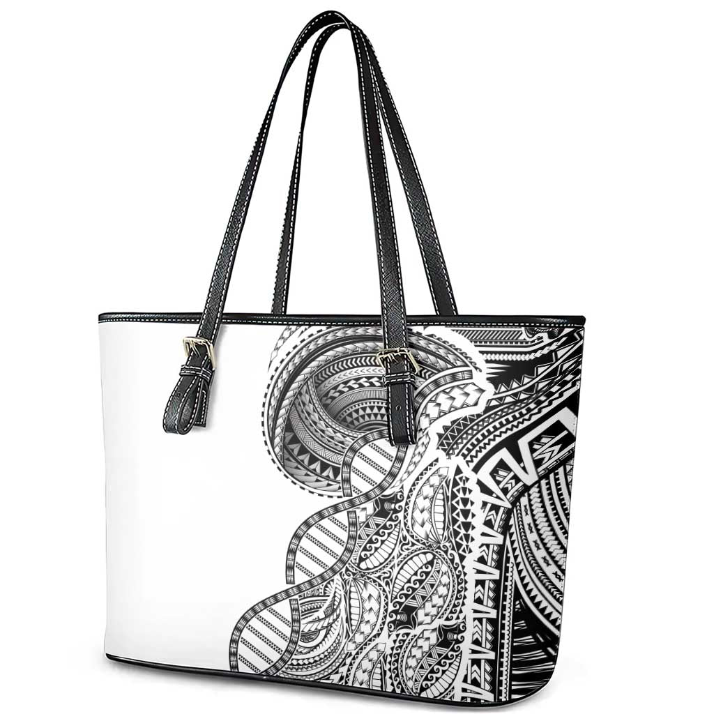 Samoan DNA Art Tattoo Leather Tote Bag Polynesian Pattern White Color