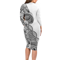 Samoan DNA Art Tattoo Long Sleeve Bodycon Dress Polynesian Pattern White Color