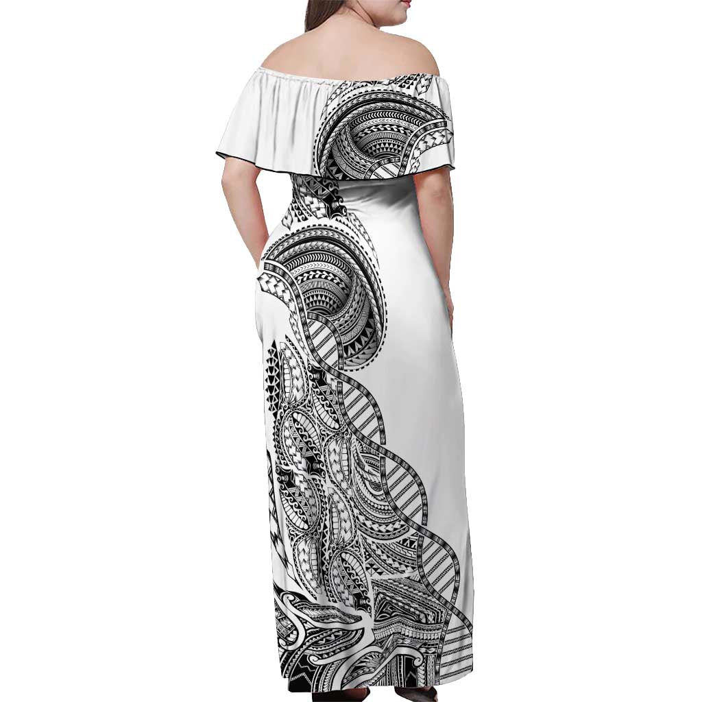 Samoan DNA Art Tattoo Off Shoulder Maxi Dress Polynesian Pattern White Color