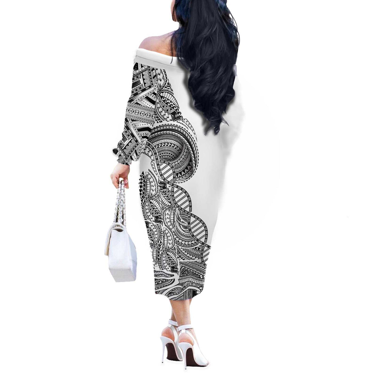 Samoan DNA Art Tattoo Off The Shoulder Long Sleeve Dress Polynesian Pattern White Color