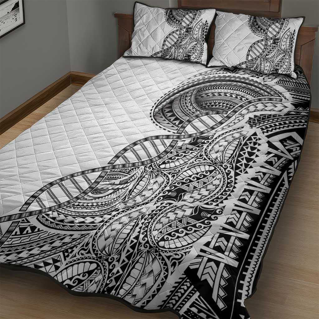 Samoan DNA Art Tattoo Quilt Bed Set Polynesian Pattern White Color