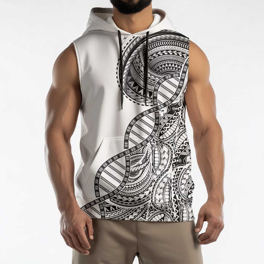 Samoan DNA Art Tattoo Sleeveless Hoodie Polynesian Pattern White Color