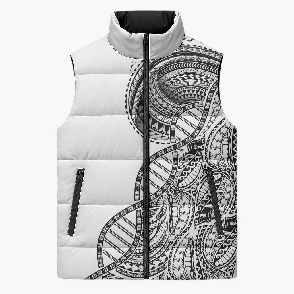 Samoan DNA Art Tattoo Sleeveless Puffer Jacket Polynesian Pattern White Color