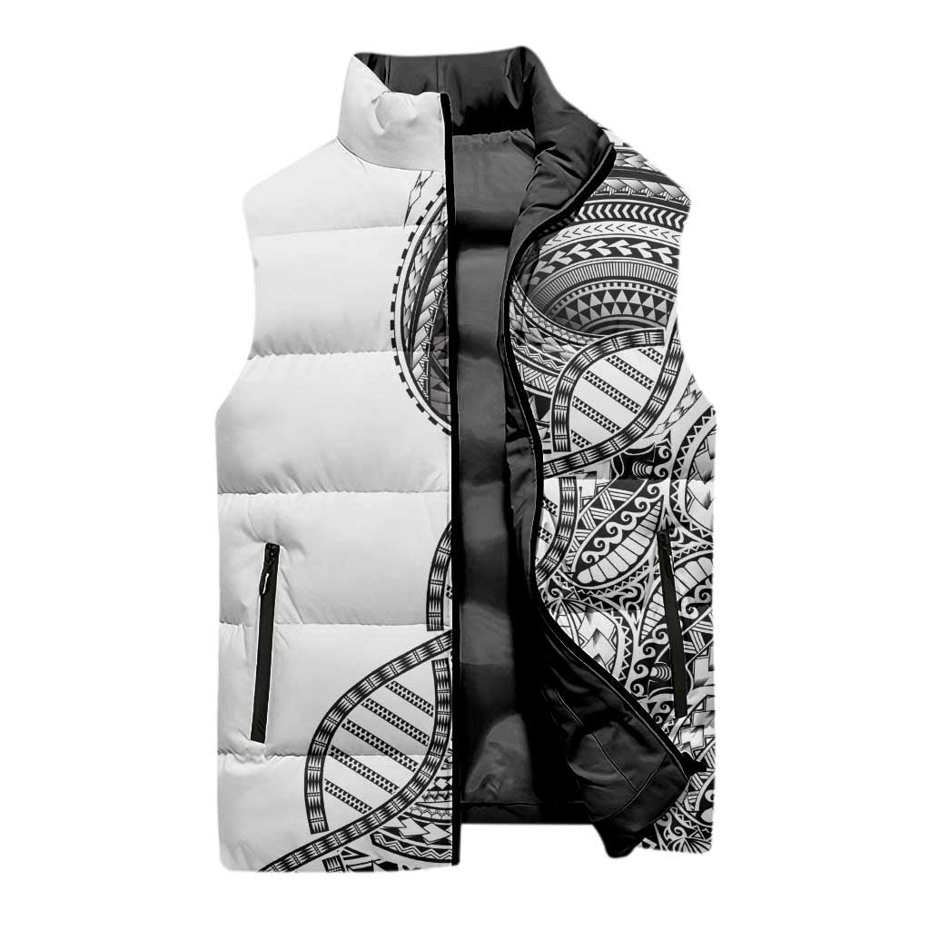 Samoan DNA Art Tattoo Sleeveless Puffer Jacket Polynesian Pattern White Color