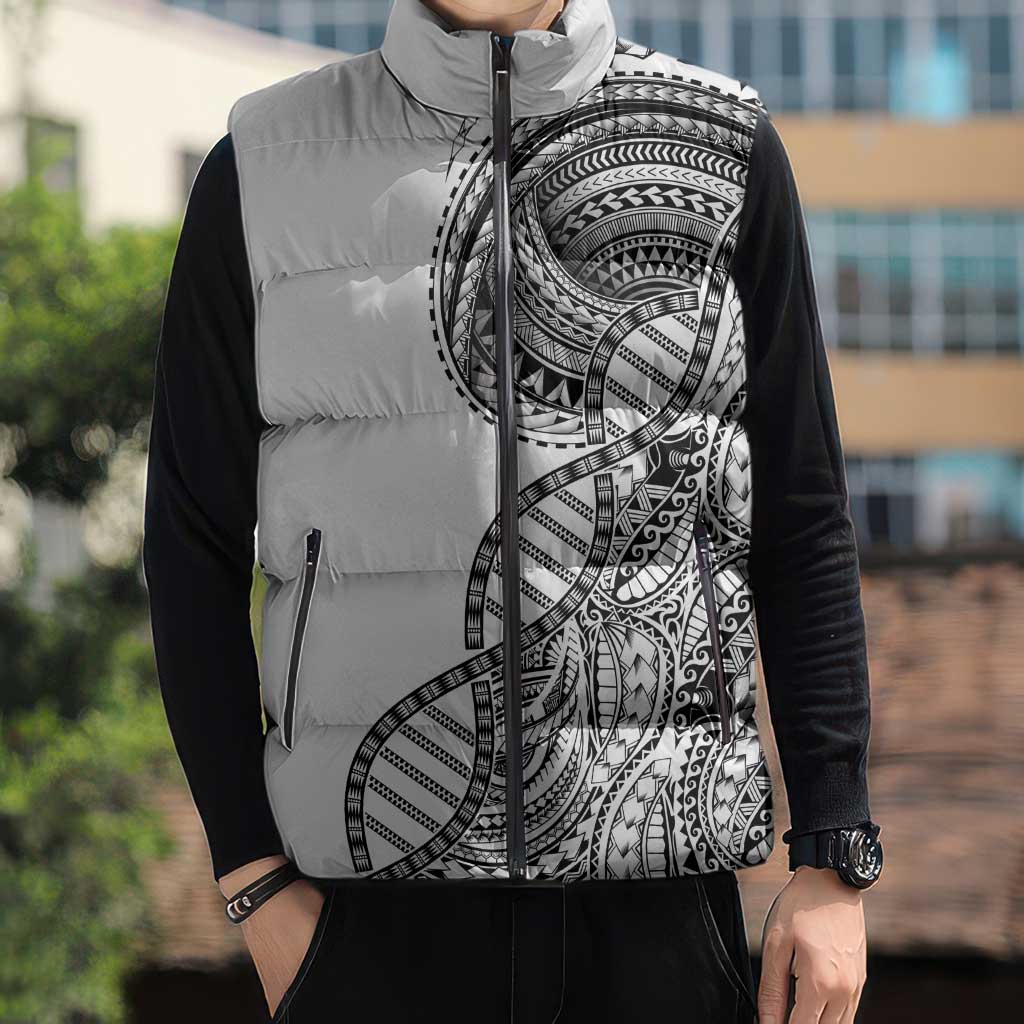 Samoan DNA Art Tattoo Sleeveless Puffer Jacket Polynesian Pattern White Color