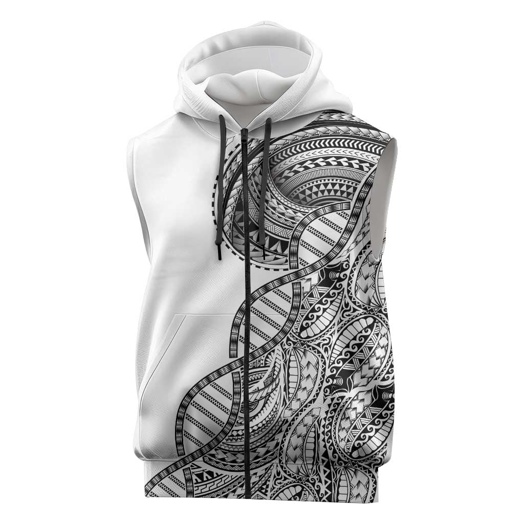 Samoan DNA Art Tattoo Sleeveless Zip Hoodie Polynesian Pattern White Color