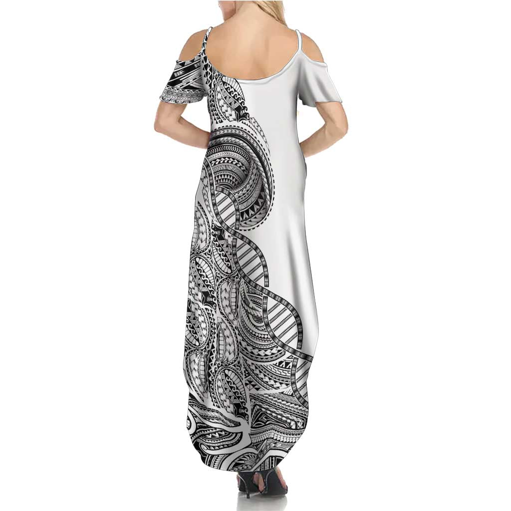 Samoan DNA Art Tattoo Summer Maxi Dress Polynesian Pattern White Color