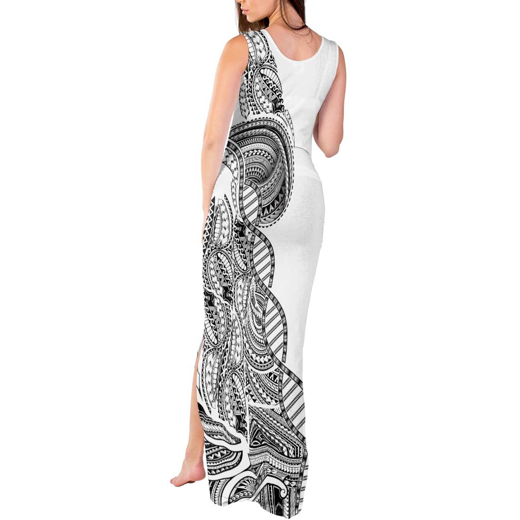 Samoan DNA Art Tattoo Tank Maxi Dress Polynesian Pattern White Color
