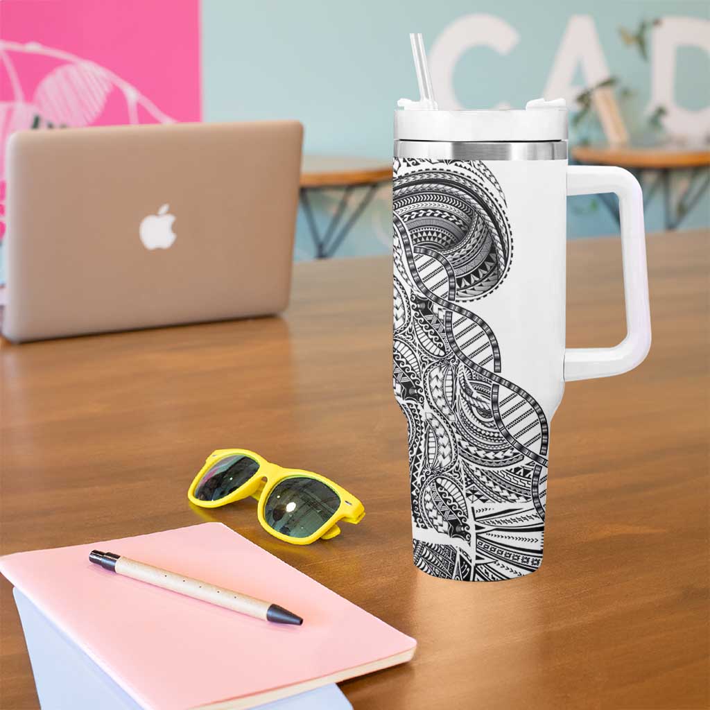 Samoan DNA Art Tattoo Tumbler With Handle Polynesian Pattern White Color