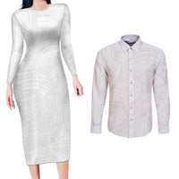 Samoan DNA Art Tattoo Couples Matching Long Sleeve Bodycon Dress and Long Sleeve Button Shirt Polynesian Pattern All White