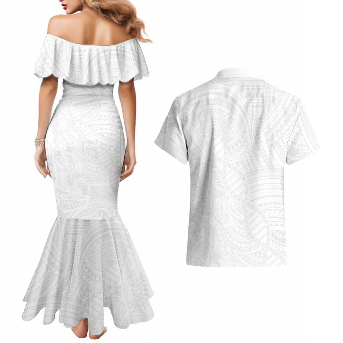 Samoan DNA Art Tattoo Couples Matching Mermaid Dress and Hawaiian Shirt Polynesian Pattern All White