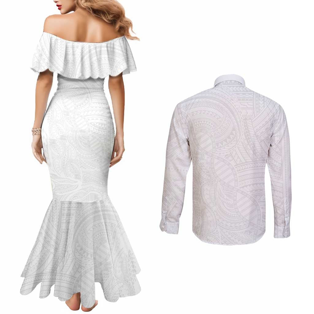 Samoan DNA Art Tattoo Couples Matching Mermaid Dress and Long Sleeve Button Shirt Polynesian Pattern All White