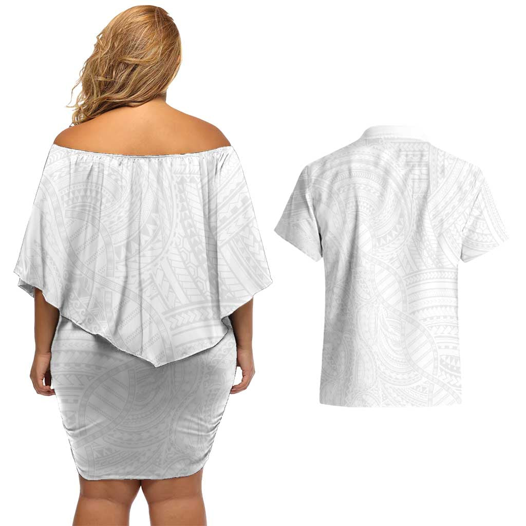 Samoan DNA Art Tattoo Couples Matching Off Shoulder Short Dress and Hawaiian Shirt Polynesian Pattern All White