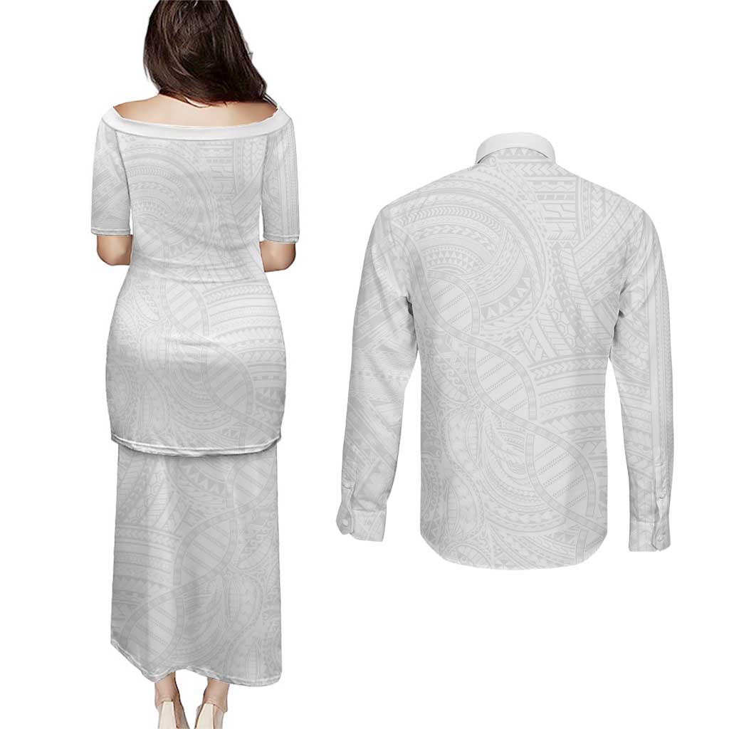 Samoan DNA Art Tattoo Couples Matching Puletasi and Long Sleeve Button Shirt Polynesian Pattern All White