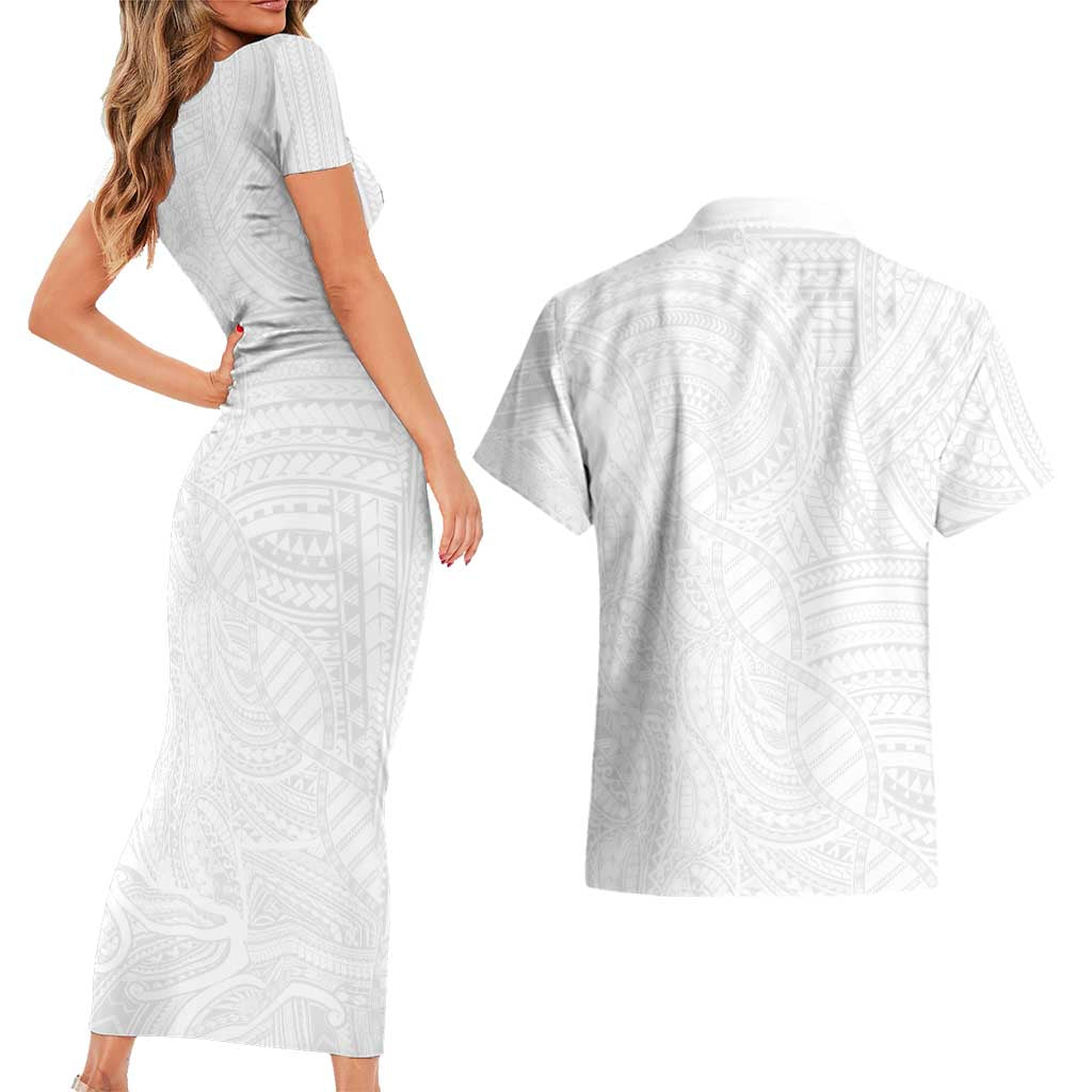Samoan DNA Art Tattoo Couples Matching Short Sleeve Bodycon Dress and Hawaiian Shirt Polynesian Pattern All White