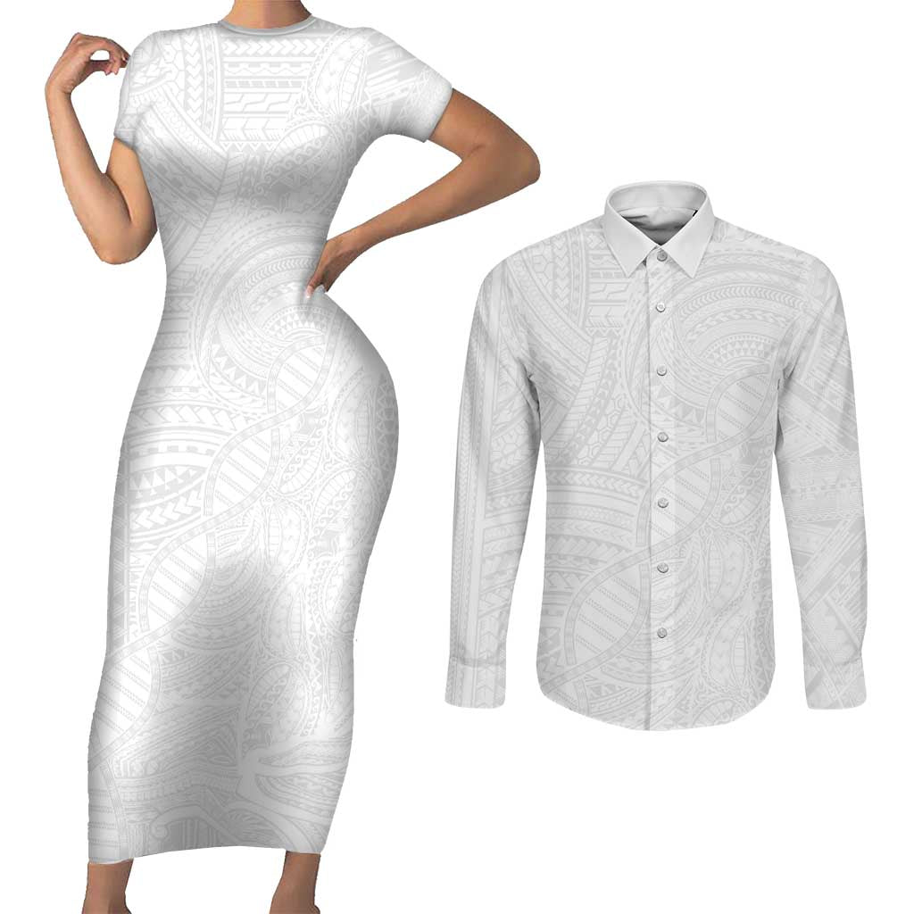 Samoan DNA Art Tattoo Couples Matching Short Sleeve Bodycon Dress and Long Sleeve Button Shirt Polynesian Pattern All White