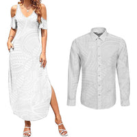 Samoan DNA Art Tattoo Couples Matching Summer Maxi Dress and Long Sleeve Button Shirt Polynesian Pattern All White