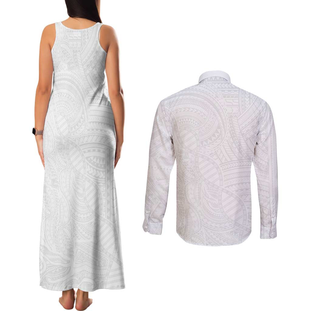 Samoan DNA Art Tattoo Couples Matching Tank Maxi Dress and Long Sleeve Button Shirt Polynesian Pattern All White