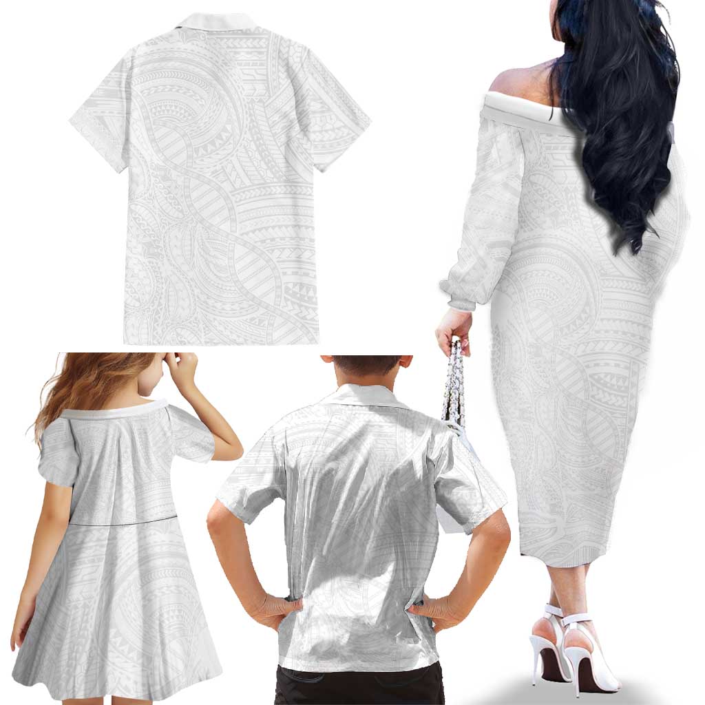 Samoan DNA Art Tattoo Family Matching Off The Shoulder Long Sleeve Dress and Hawaiian Shirt Polynesian Pattern All White