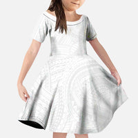Samoan DNA Art Tattoo Family Matching Off Shoulder Short Dress and Hawaiian Shirt Polynesian Pattern All White
