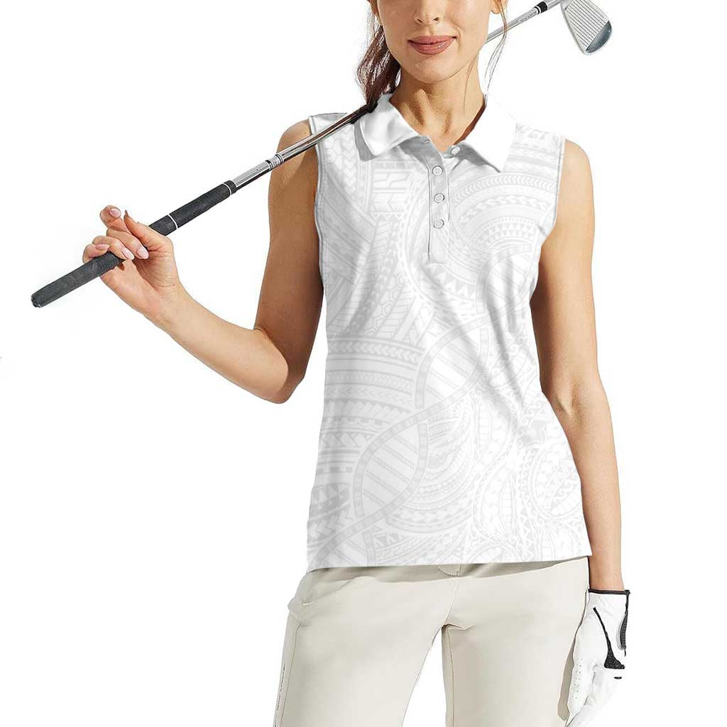 Samoan DNA Art Tattoo Women Sleeveless Polo Shirt Polynesian Pattern All White
