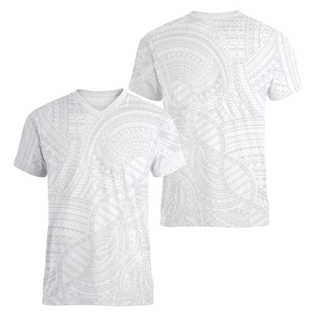 Samoan DNA Art Tattoo Women V-Neck T-Shirt Polynesian Pattern All White