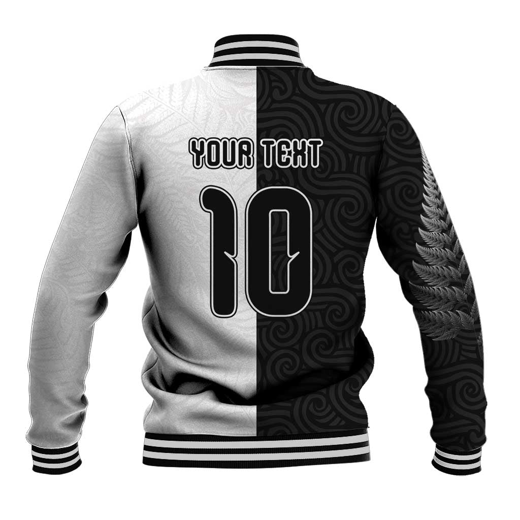 Custom New Zealand Football Baseball Jacket Silver Fern and Maori Tribal Black White Half Sporty Style LT03 - Polynesian Pride