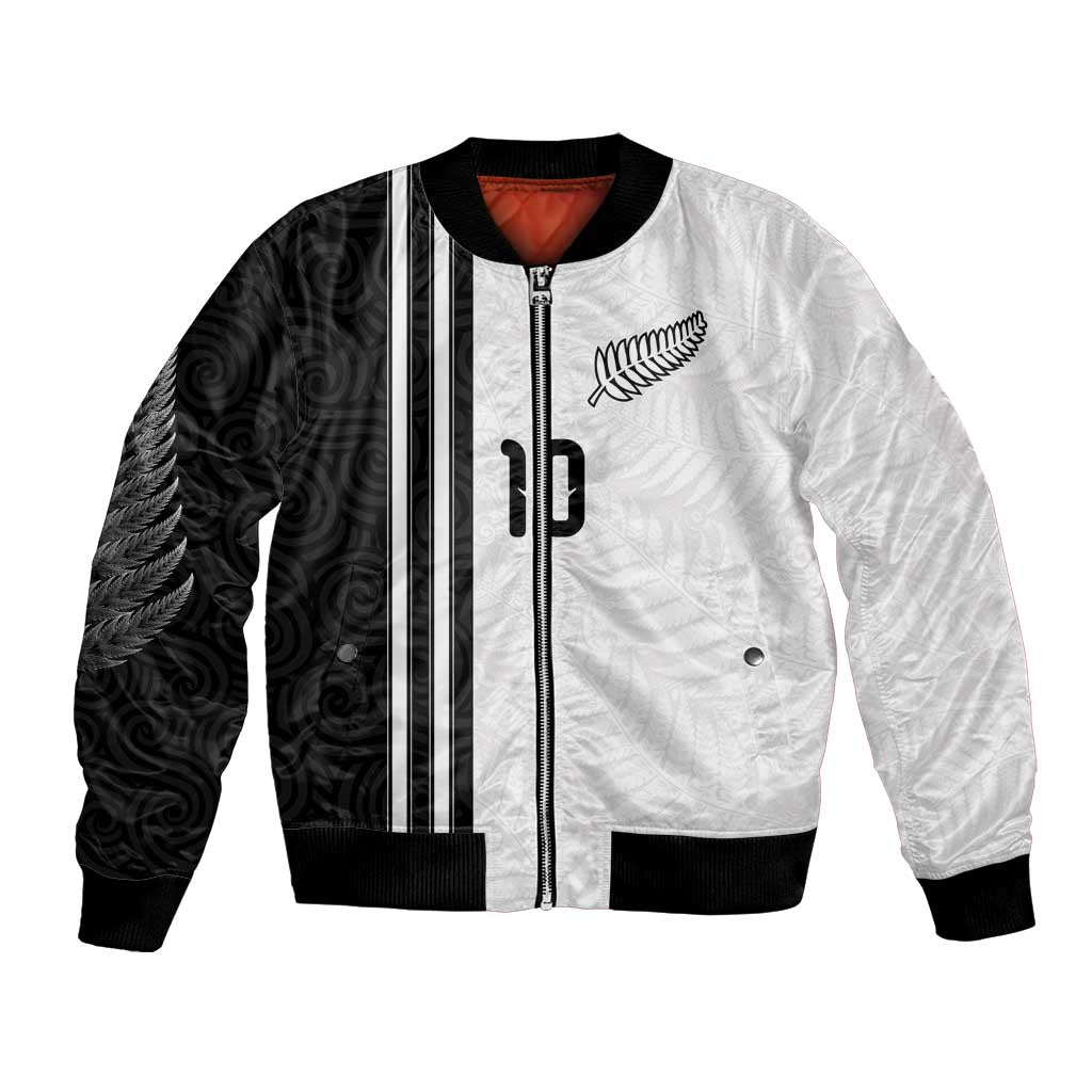 Custom New Zealand Football Bomber Jacket Silver Fern and Maori Tribal Black White Half Sporty Style