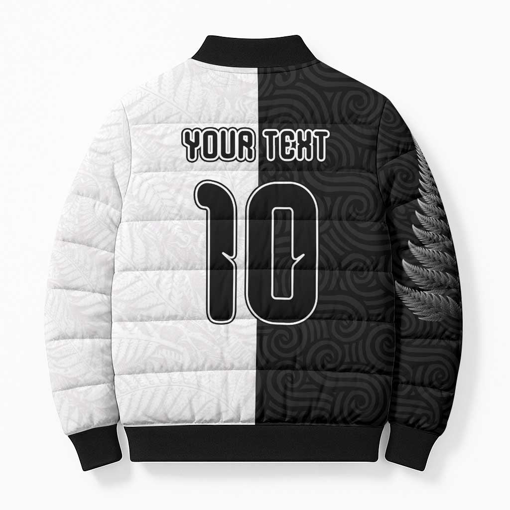 Custom New Zealand Football Bomber Puffer Jacket Silver Fern and Maori Tribal Black White Half Sporty Style LT03 - Polynesian Pride