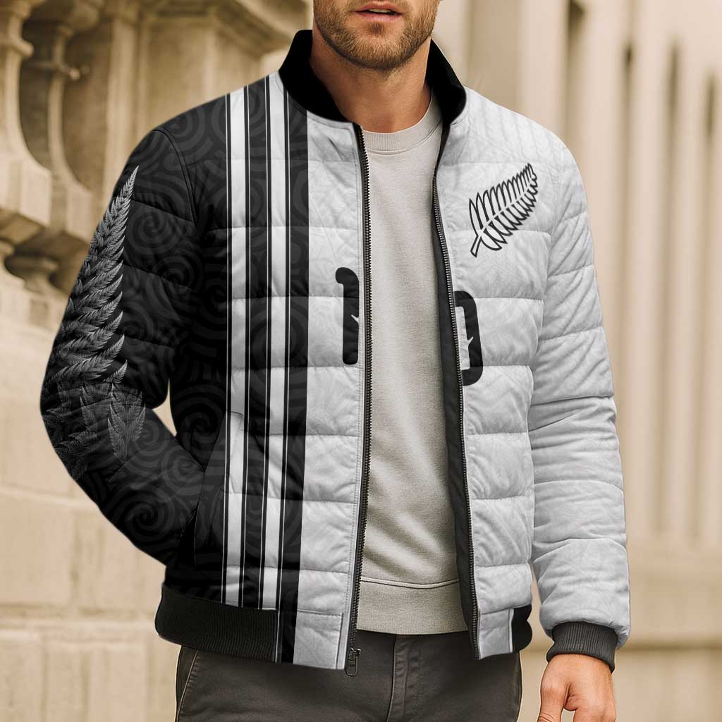 Custom New Zealand Football Bomber Puffer Jacket Silver Fern and Maori Tribal Black White Half Sporty Style LT03 - Polynesian Pride