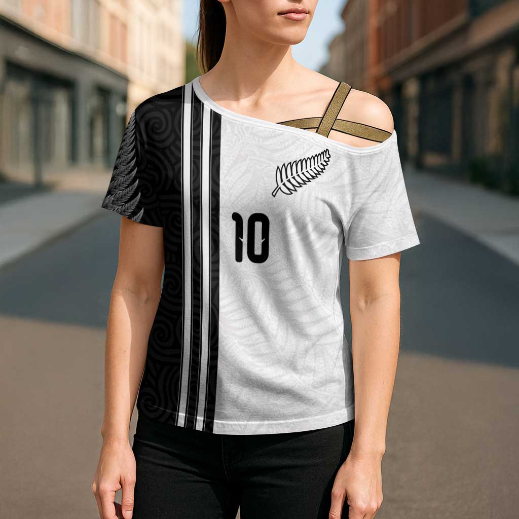 Custom New Zealand Football Cross Shoulder Shirt Silver Fern and Maori Tribal Black White Half Sporty Style LT03 - Polynesian Pride