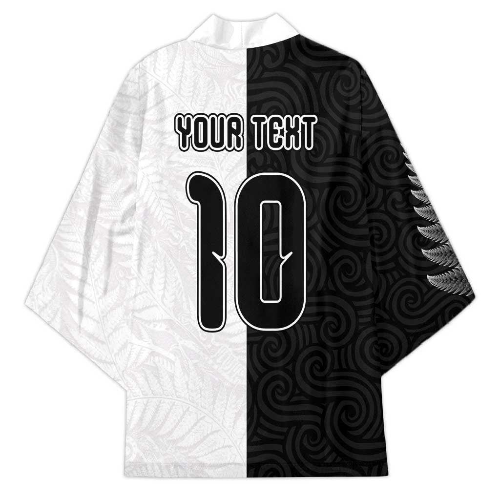 Custom New Zealand Football Kimono Silver Fern and Maori Tribal Black White Half Sporty Style LT03 - Polynesian Pride