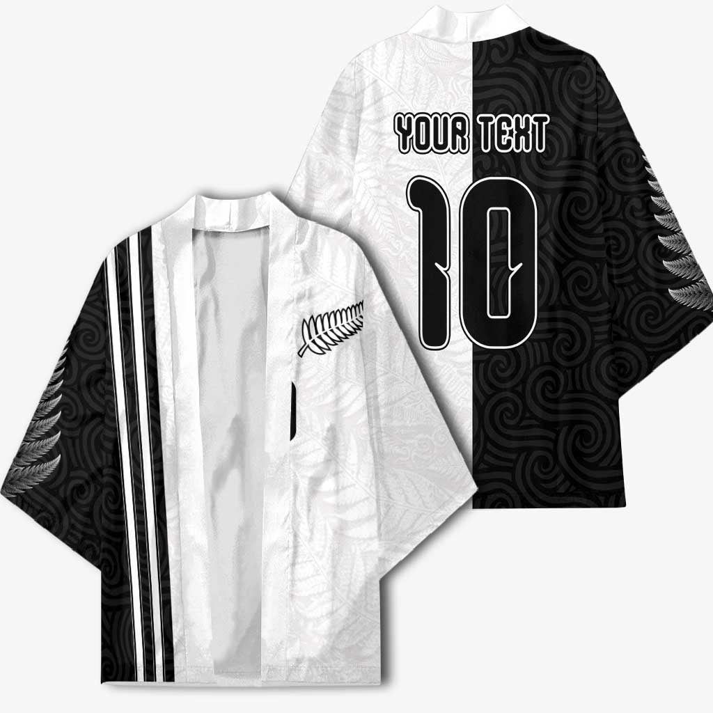 Custom New Zealand Football Kimono Silver Fern and Maori Tribal Black White Half Sporty Style LT03 - Polynesian Pride