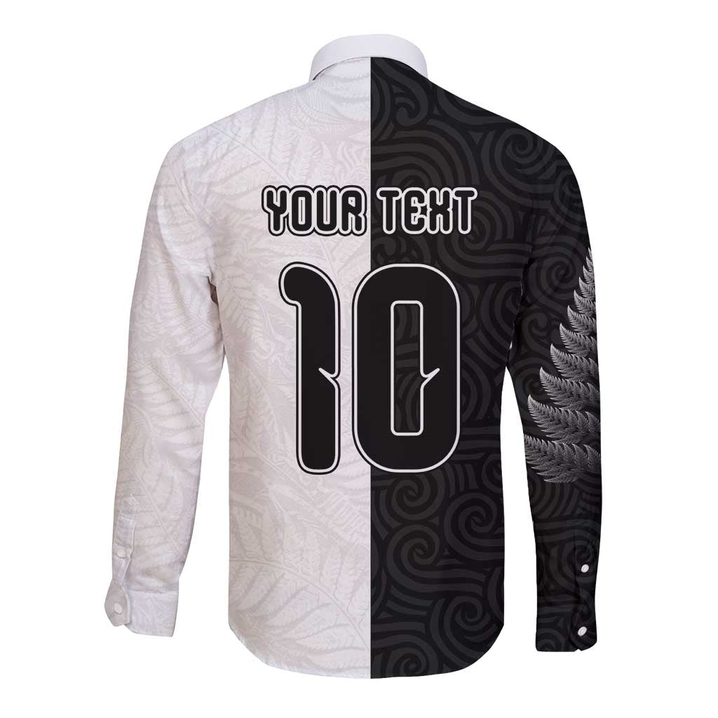 Custom New Zealand Football Long Sleeve Button Shirt Silver Fern and Maori Tribal Black White Half Sporty Style LT03 - Polynesian Pride