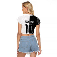 Custom New Zealand Football Raglan Cropped T Shirt Silver Fern and Maori Tribal Black White Half Sporty Style LT03 - Polynesian Pride