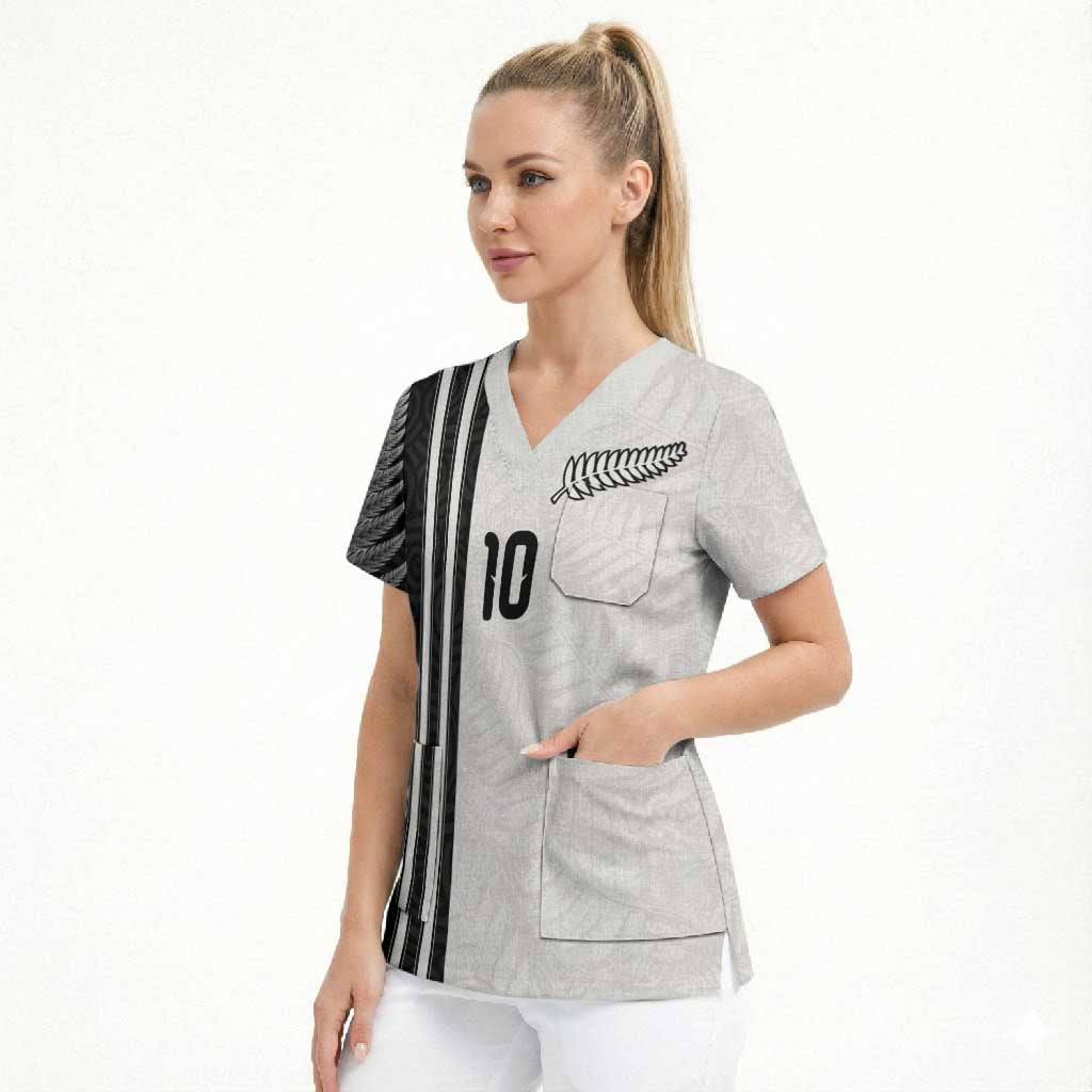Custom New Zealand Football Scrub Top Silver Fern and Maori Tribal Black White Half Sporty Style LT03 - Polynesian Pride