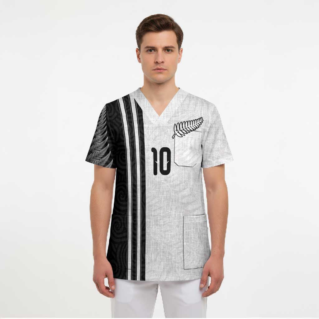 Custom New Zealand Football Scrub Top Silver Fern and Maori Tribal Black White Half Sporty Style LT03 - Polynesian Pride