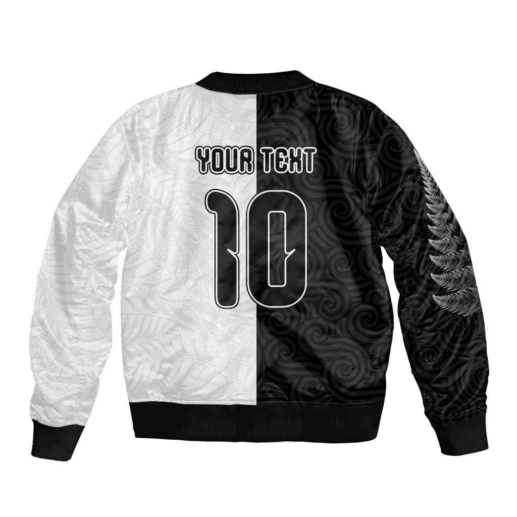 Custom New Zealand Football Sleeve Zip Bomber Jacket Silver Fern and Maori Tribal Black White Half Sporty Style LT03 - Polynesian Pride