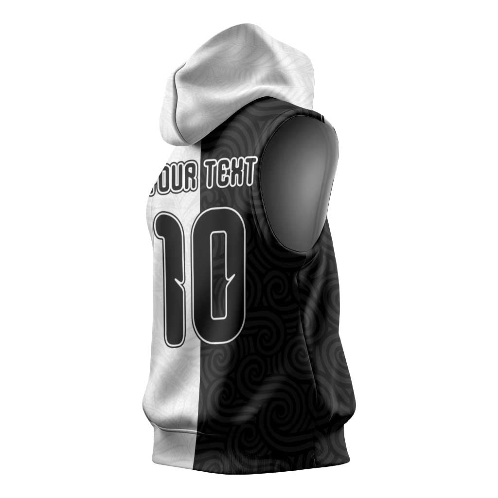 Custom New Zealand Football Sleeveless Hoodie Silver Fern and Maori Tribal Black White Half Sporty Style LT03 - Polynesian Pride