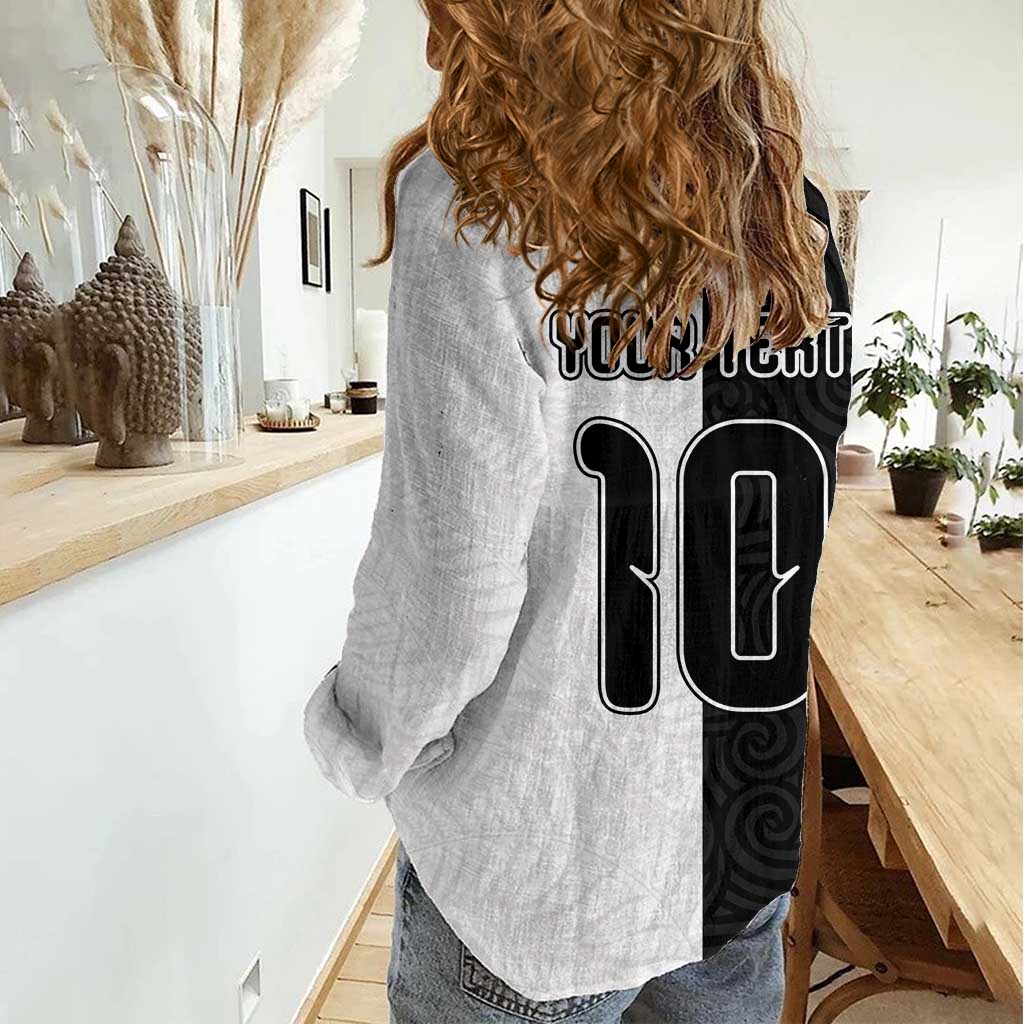 Custom New Zealand Football Women Casual Shirt Silver Fern and Maori Tribal Black White Half Sporty Style LT03 - Polynesian Pride