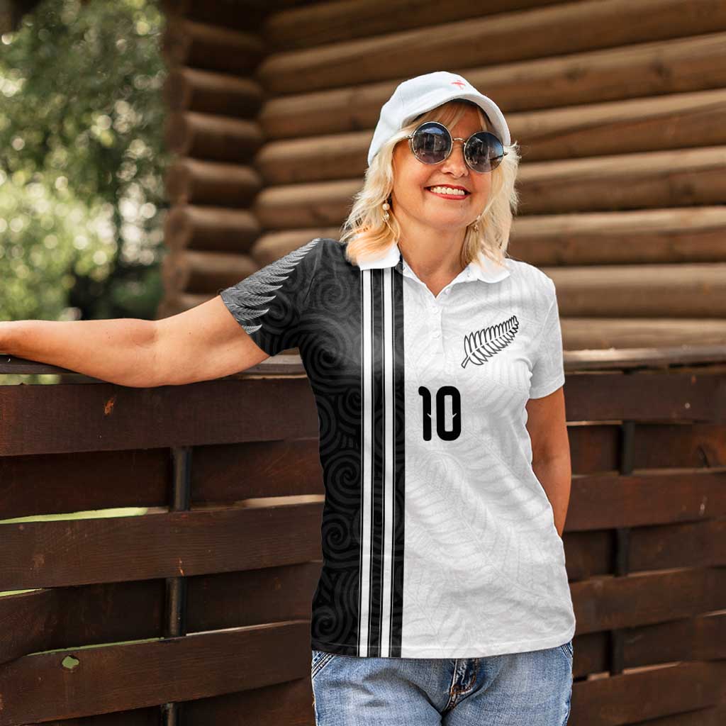Custom New Zealand Football Women Polo Shirt Silver Fern and Maori Tribal Black White Half Sporty Style LT03 - Polynesian Pride