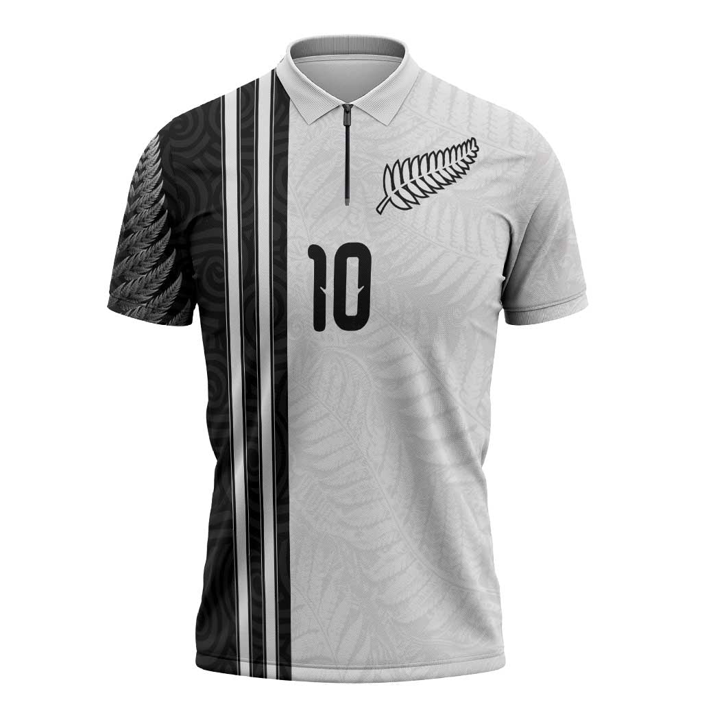 Custom New Zealand Football Zipper Polo Shirt Silver Fern and Maori Tribal Black White Half Sporty Style