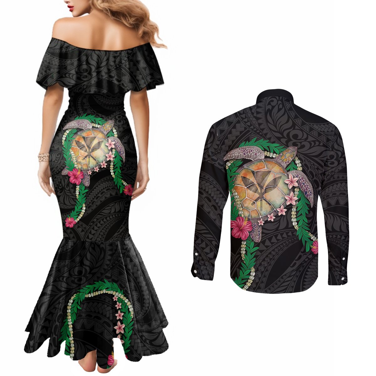 Hawaii Pikake and Maile Lei Couples Matching Mermaid Dress and Long Sleeve Button Shirt Honu Polynesian Pattern Black Color
